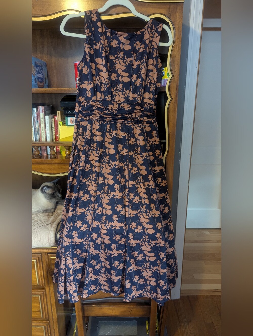 Perceptions Navy and Tan Floral Midi Fit-and-Flare Dress